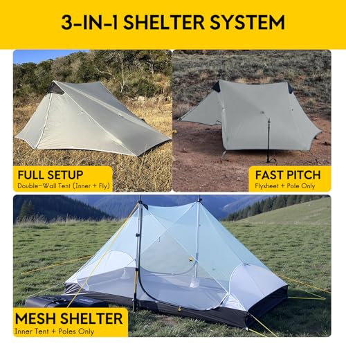 LANSHAN Ultralight Tent 3-Season Backpacking Tent for 1-Person or 2-Person Camping, Trekking, Kayaking, Climbing, Hiking - color: 2-person, grey