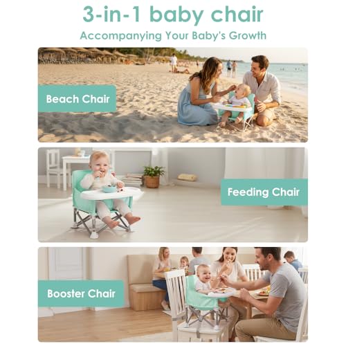 Tiny Marvels Portable Booster Seat, Foldable Baby High Chair with Removable Tray, Safety Harness & Carry Bag – for Toddlers Ages 6M-3Y, Ideal for Dining, Travel, Camping & Family Time - color: Green