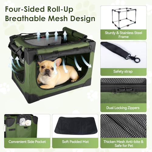 Soft Small Dog Crate - 24 inch Portable Travel Puppy Crate for Small Pets or 2 Cats, Collapsible Pet Carrier with 4 Mesh Doors, Car Kennel for Dogs with Handle for Indoor and Outdoor, Green - color: Army Green
