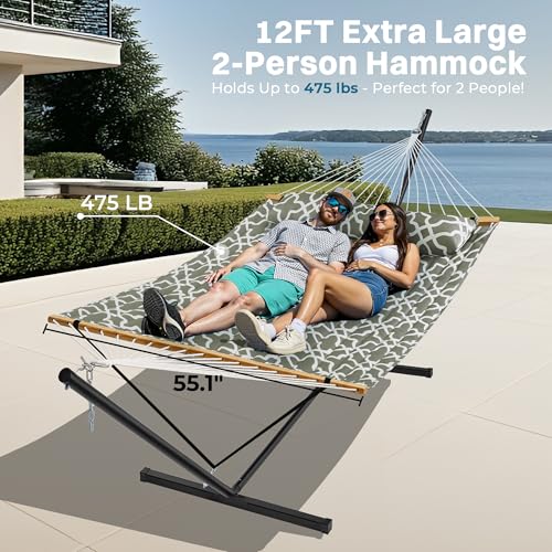 SUPERJARE Hammock with Stand, 2 Person Quilted Outdoor Hammock, Detachable Pillow & Bamboo Spreaders, Portable with Carrying Bag, Heavy Duty Stand, Perfect for Outside, Patio, Grey with White Flower - color: Grey With White Flower, size: 55.1"W × 74.8''D