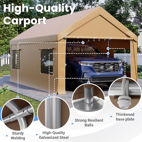Bezseller 10x20 FT Heavy Duty Carport Canopy with Removable Sidewalls, Portable Garage Tent with Roll-Up Windows & Doors, Car Port with All-Season Tarp for Cars, Trucks, Boats, Yellow - color: Yellow, size: 10 X 20