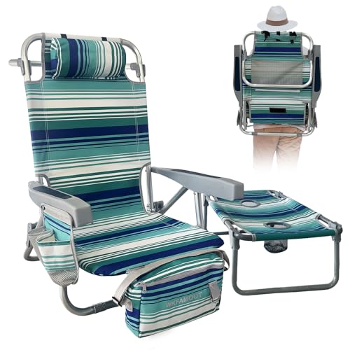 Backpack Beach Chair Aluminum with Folding Camping Table 5-Position Lay Flat Lounge Chair Outdoor for Adults with Insulated Cooler Bag and Cup Holder - color: Cyan, size: 1 PACK