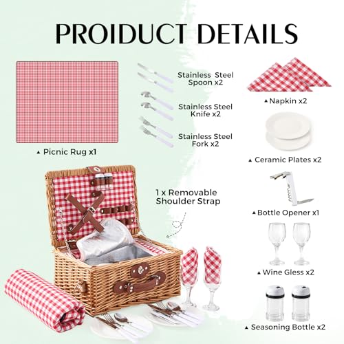 Willow Picnic Basket Set for 2 with Large Insulated Bag and Waterproof Picnic Blanket，Utensils, Glasses, Wicker Picnic Hamper for Camping,Outdoor,Birthday, Valentine, Red - color: Red With Blanket, size: For 2 Persons