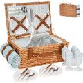 HappyPicnic Wicker Picnic Basket Set for 4 Persons | Large Willow Hamper with Large Insulated Cooler Compartment, Waterproof Blanket and Cutlery Service Kit-Classical Brown - color: Dark Honey Color for 4 Persons