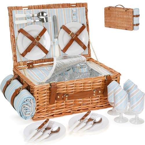 HappyPicnic Wicker Picnic Basket Set for 4 Persons | Large Willow Hamper with Large Insulated Cooler Compartment, Waterproof Blanket and Cutlery Service Kit-Classical Brown - color: Dark Honey Color for 4 Persons