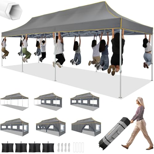 HOTEEL 10x30 Heavy Duty Pop up Canopy Tent with 8 Sidewalls, Easy Setup Outdoor Commercial Instant Tent for Parties Wedding Event, with Roller Bag & Sand Bags, Gray(Hexagonal Frame) - color: Dark Gray, size: 10x30ft (+8 Walls)