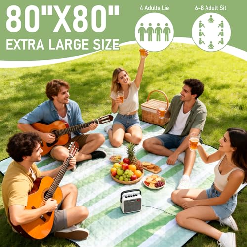 Big Picnic Blankets Beach Blanket Waterproof Sandproof, 80''x80'' Giant 5-Layer Outdoor Camping Blanket Rug Easily Foldable Picnic Mat for Grass, Hiking, Travel, Concerts, Indoor - color: Green