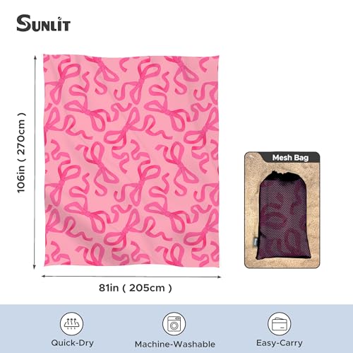 Sunlit Large Beach Blanket Waterproof Sand Proof, 81" x106" Sand Free Beach Mat Anchored Pockets and Storage Bag, for Travel Beach Camping Outdoor Festival, Coquette Pink Bow