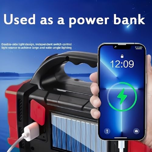 IFTHFOUR High Lumens Solar Flashlight - LED Work Light with USB-C Rechargeable, Waterproof, Multi-Function Flashlight & Lantern for Camping, Emergencies, and Outdoor(RED) - color: Red