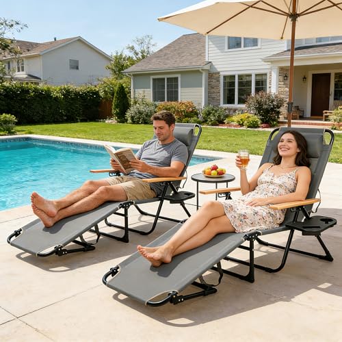 Outdoor Chaise Lounge Chair with 4-Position Adjustable Backrest, Patio Folding Sun Tanning Chair, Pillow & Cup Holder, Portable Recliner Sunbathing Lounger Chairs for Pool Beach Lawn Garden (Grey) - color: Grey