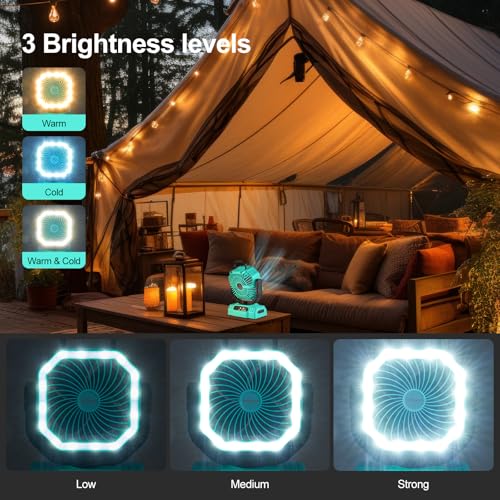 Odoland Portable Camping Fan with LED Lantern, 20000mAh Rechargeable Battery Powered Fan with Auto Oscillation, Timer, Remote, 360° Rotation Hook, 4 Speeds for Power Outage Travel Home, Cayan - color: Cayan