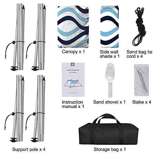 Beach Canopy Tent Shade with Sidewalls 10x10FT, 6.6FT Tall, UPF50+ Sun Shelter, Windproof & Water Resistant, Includes Guylines Sand Shovel Stability Poles, Easy Up for Beach Outdoor Camping Backyard - color: Ripples