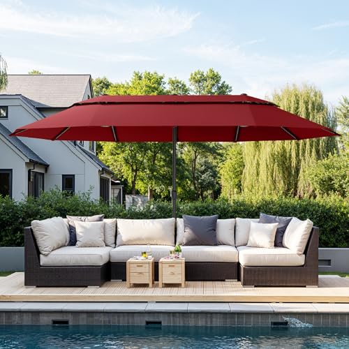 Sophia & William 15ft Extra Large Patio Umbrella with Base Included, 2-Tier Double-Sided Rectangle Outdoor Umbrella with Stand, Market Umbrella for Pool Garden Backyard, Red - color: Red 2-Tier