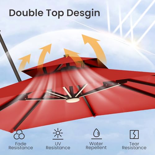 9x12 FT Cantilever Patio Umbrella with Base and Led Lights Double Top Outdoor Rectangular Large Heavy Duty Aluminum Offset Umbrellas with 7 Level Tilt 360-degree Rotation for Pool Garden Deck, Wine Red - color: Wine Red, size: 9' X 12'-with Light & Base