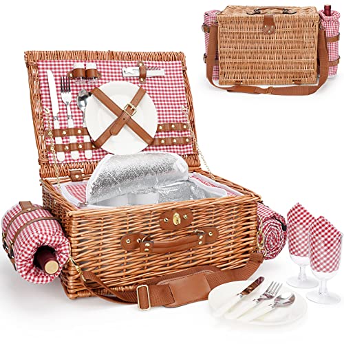 Picnic Basket for 2, Picnic Baskets with Waterproof Blanket, Picnic Hamper Set with Washable Beach Mat & Large Insulated Cooler Compartment, Handmade Natural Wicker Hamper for Camping, Outdoor Party - style: RedCheck-2P