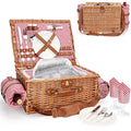 Picnic Basket for 2, Picnic Baskets with Waterproof Blanket, Picnic Hamper Set with Washable Beach Mat & Large Insulated Cooler Compartment, Handmade Natural Wicker Hamper for Camping, Outdoor Party - style: RedCheck-2P