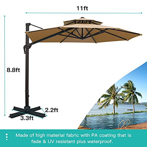 Sunnyglade 11FT Double Top Cantilever Patio Umbrella Deluxe Offset Umbrella 360° Rotation & Integrated Tilting System Heavy Duty Outdoor Umbrella for Market Garden Deck Pool Backyard Patio(Tan) - color: Tan