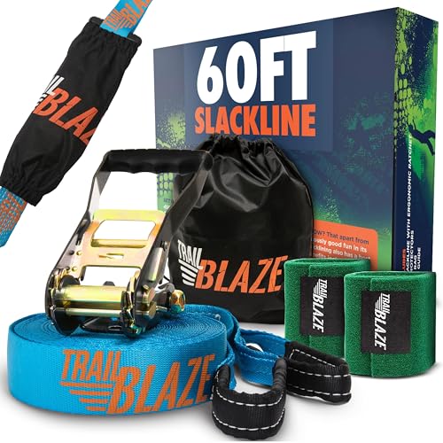Complete Ninja Slackline Kit - 60ft Slack Line for Backyard for Kids & Adults - Wider Tree Protectors Slackline Kit for Ninja Warrior Obstacle Course for Kids Outdoor Playset (Essential Kit - Blue) - color: Blue