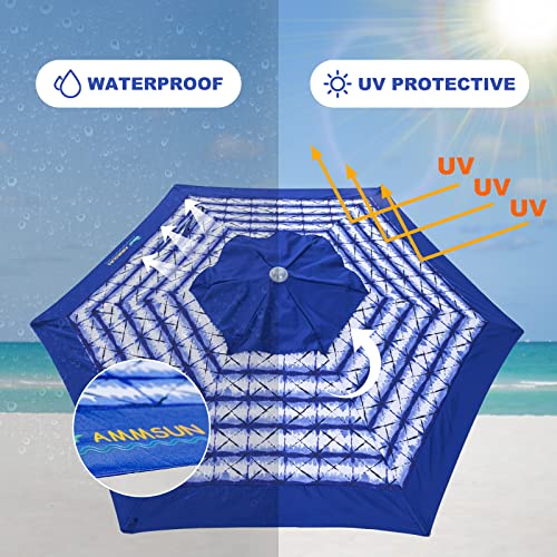 AMMSUN 8ft Large Beach Umbrellas for Sand Heavy Huty Wind Portable Commercial Grade Patio Beach Umbrella with Sand Anchor Adjustable Height Air Vent UPF 50+ Telescoping Pole without tilt Blue White - color: Blue White Stripe