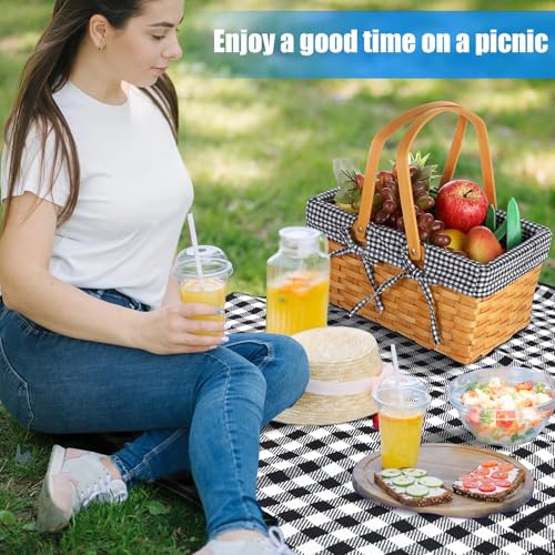 Patelai Wicker Picnic Basket Natural Hand Woven Basket with Double Folding Handles, Willow Hamper Baskets with Blanket for Outdoor Picnic Summer Spring Camp Family(Black and White Grid) - color: Black and White Grid