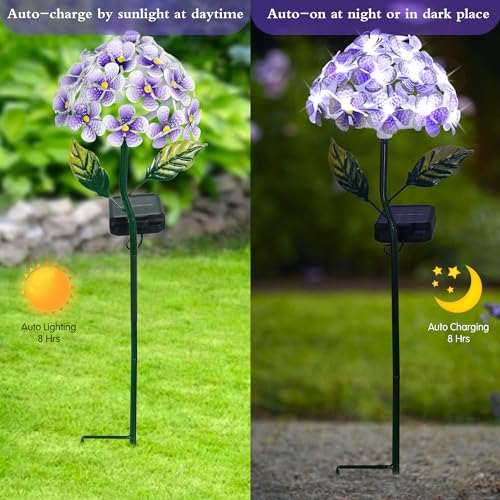 Solar Hydrangea w/26 LEDs, Metal Ground Stake, 3 Colors, Outdoor Flower Stake Decorations (Purple) - color: Purple