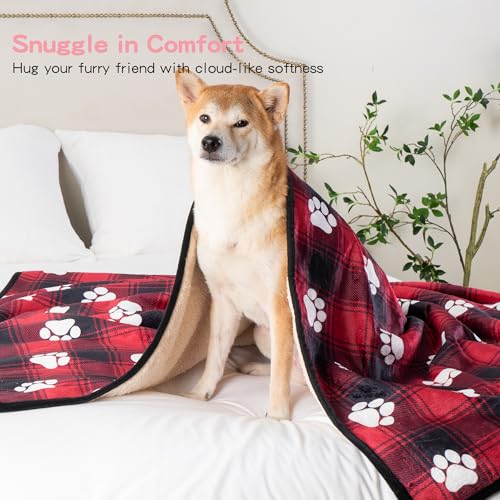 Waterproof Dog Blankets Pet Blanket 50"x60", Soft Fluffy Sofa Car Bed Protector, Reversible Sherpa Fleece Dog Blanket for Large Dogs Christmas Decor(Paw Red) - color: Paw Red, size: 50"x60"