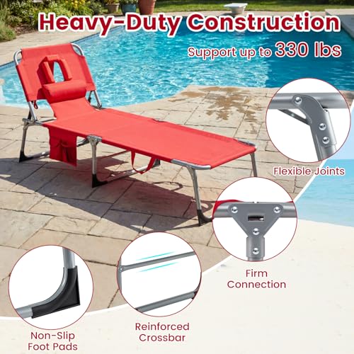 COSTWAY Tanning Chair with Face Hole, Folding Beach Lounge Chair with 4-Position Adjustable Backrest, Pillow & Side Pocket, Foldable Chaise Lounge Chair Outdoor for Sunbathing, Camping (1, Red) - color: Red