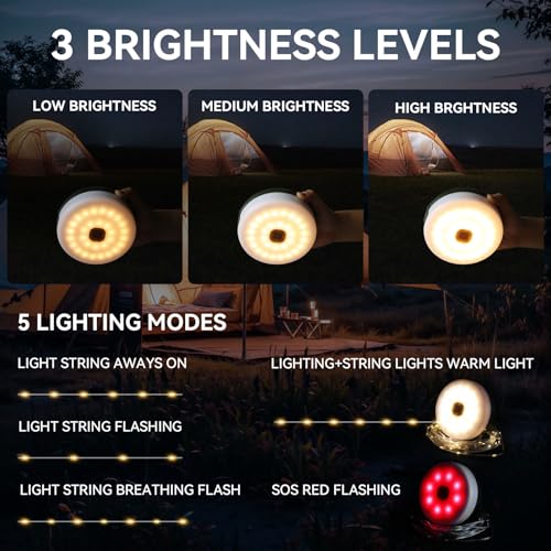 2-Pack Solar Camping String Lights, 39.4FT Portable Waterproof Camping Light with 8 Lighting Modes, Solar Powered and USB Rechargeable Tent Lantern with Remote Control for Camping, Garden and Hiking - size: 2 Pack