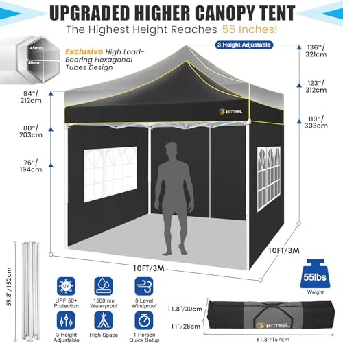 HOTEEL Canopy Tent 10x10 Heavy Duty Pop Up Canopy with Sidewalls, Commercial Instant Waterproof Tent for Vender Patio, UV 50+ with Silver Coated, Upgraded Thickened Hexagonal Legs, Black - color: Black, size: 10x10FT (+4 Walls)