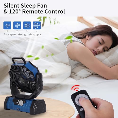 Portable Fan Battery Powered,20000mAh Rechargeable Camping Fan Battery Operated with LED Lantern,Auto-Oscillating USB Personal Cordless Battery Fans Portable Tent Travel & Hanging Hook (Blue) - color: Blue