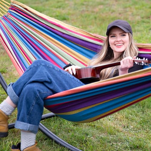 SUNCREAT Outdoor Double Hammock, Portable Tree Colorful Hammock, Colorful Stripes - color: Rainbow Stripes, size: X-Large