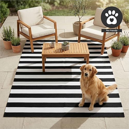 FH Home Outdoor Rug - Waterproof, Fade Resistant, Reversible - Premium Recycled Plastic - Striped - Large Patio, Deck, Sunroom, Camping, RV - Brittany Stripe - Black & White Crease Free - 5 x 8 ft - color: Brittany - Black & White, size: 5' x 8' (Rectangu
