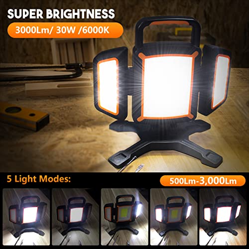 Tresda 30W Rechargeable Work Light, 3000 Lumen Magnetic Work Light Battery Powered, Waterproof Portable Cordless Job Site Lighting for Construction Site, Workshop, Garage, Camping, and Car Repairing - style: Magnetic Stand