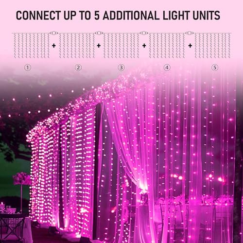 Dazzle Bright 300 LED Curtain String Lights, Valentine's Day Fairy Lights for Bedroom with 8 Lighting Modes, Connectable Waterproof Window Lights Party Wedding Garden Wall Christmas Decor, Pink - color: Pink