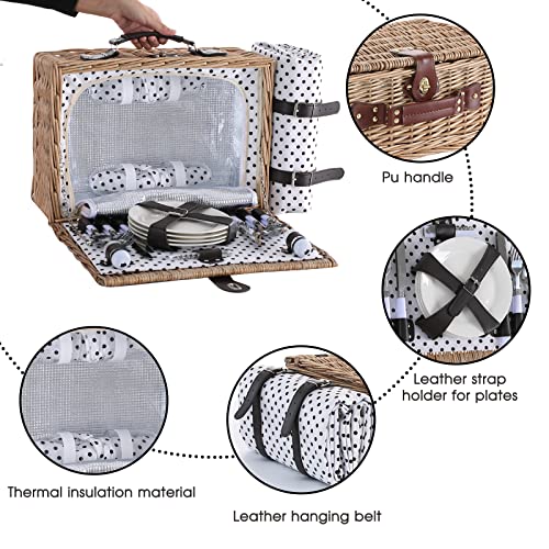 Picnic Basket for 4 Persons with Waterproof Picnic Blanket and Insulated Cooler, Large Wicker Picnic Basket for Camping, Outdoors, Valentine's Day, Christmas, Birthday, Wedding Gift - color: Brown＆white Spots