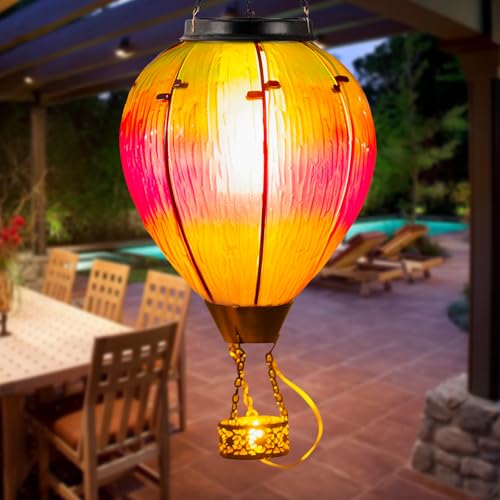 Large Solar Hot Air Balloon Lantern with Flame, Colorful Glass Hanging Balloon Lanterns Outdoor Waterproof Garden Decor for Yard Patio, Birthday Mother's Day Gifts for Women Mom - color: Gradient Pink
