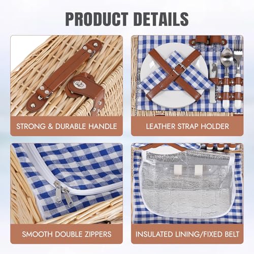 HappyPicnic Picnic Basket Set for 2 - Wicker Picnic Basket with Waterproof Blanket & Insulated Liner, Large Handmade Willow Hamper with Cutlery Kit for Outdoor, Picnic, Camping, Party, Holidays (Blue) - color: Blue