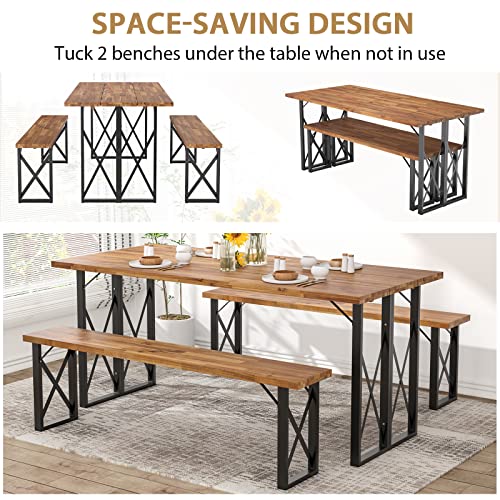 Giantex Outdoor Picnic Table Set with 2 Benches, Acacia Wood Patio Dining Set for 6 or 4 Persons, with 2” Umbrella Hole, 67” Large Rectangular Camping Table for Garden Lawn Yard 800 Lbs Capacity
