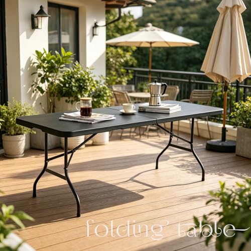 Portable Plastic Folding Table 4ft/6ft/8ft Heavy Duty White Black Picnic Dining Table Fold-in-Half for Camp Party Kitchen Indoor Outdoor - color: Black, size: 8FT, style: Flat Desktop