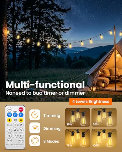 VOLIVO 54FT ST38 Solar String Lights Waterproof,Patio Lights Solar Powered with Remote & USB Port 16+1 LED Shatterproof Bulbs 8 Light Modes, Dimmable Solar Light for Camping Backyard Garden - size: 54 FT(16 Sockets)