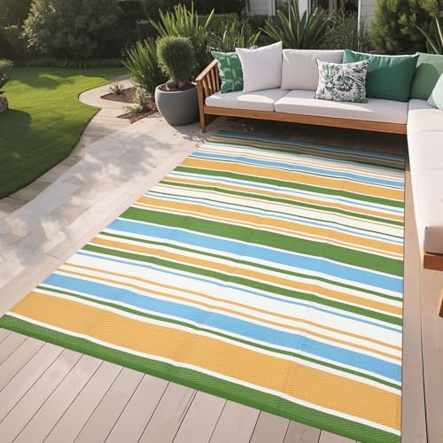 GarveeHome 9x18 Outdoor Rug Geometric Reversible Plastic Straw Outdoor Rugs Colorful Striped Outdoor Carpet UV Resistant Portable Large Rug for Camping Beach Porch RV Deck, Yellow Blue Green White - color: Geometric Stripes| Yellow Blue Green White, size: