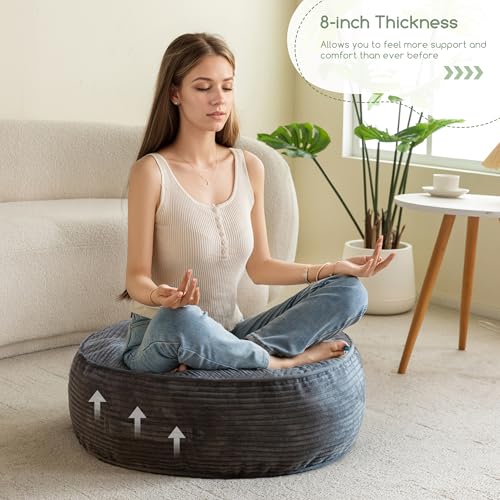 HIGOGOGO 8" Extra Thick Floor Pillow Cushion for Adults, Meditation Cushion Pillow, Large Round Floor Sitting, Tufted Corduroy Cover, for Tatami Living Room or Yoga, 22x22 Inch, 2Pack, Dark Grey - color: Round Dark Grey, size: 8" Thick(Pack of 2)