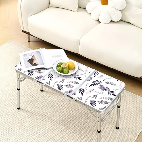 Yriuat Folding Camping Table 3ft Portable Pinic Table Adjustable Height Small Card Table Aluminum Foldable Lightweight with Carry Handle for Outdoor Indoor Hiking Camp BBQ Beach (Misty Lilac) - color: Misty Lilac, size: 35"l X 16"w X 27"h