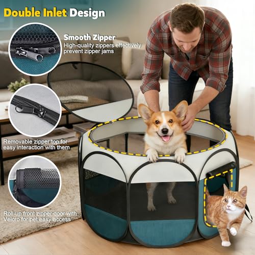 Portable Pet Playpen for Cat Dog - Foldable Medium Pet Play Pen with Removable Zipper Top for Cat Small Dog Enclosed - Pop Up Puppy Kitten Kennel with Carrying Case for Indoor Outdoor Travel Camping - style: M [35.8" × 35.8" × 22.8"]
