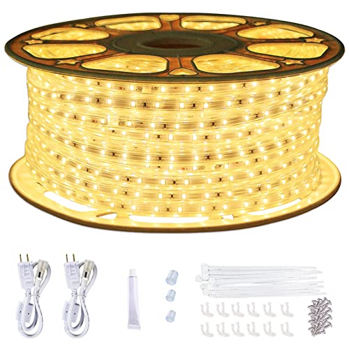 SURNIE 150ft Flat Outdoor Rope Lights Waterproof: 110V Cool Warm White LED Strip Light - Cuttable Connectable Lights for Deck Patio Stairs Backyards Commercial Decor Lighting, Not Tube Rope - color: Warm White, size: 150ft