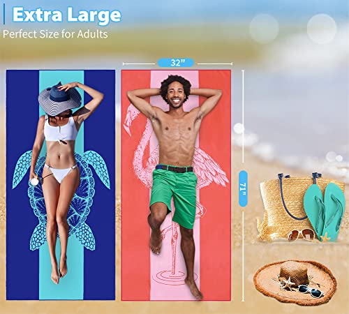 2 Pack Microfiber Lightweight Beach Towel 71"x32" Oversized Extra Large Thin Sand Free Towels Travel Swim Pool Yoga Gym Camping for Adults Women Men Beach Essentials Accessories Vacation Gift - color: Turtle Flamingo