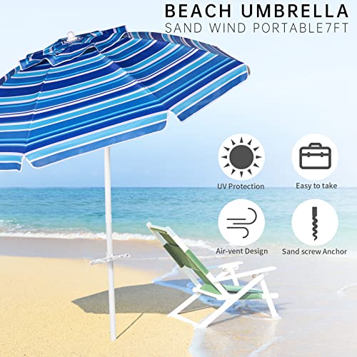 Aoxun 6.5ft Beach Umbrella with Tilt Pole, Portable Sand Anchor and Carry Bag, UPF 50+ Sun Shelter Air Vents Design for Outdoor Activities (Navy Blue & White) - color: Stripe Blue, size: 6.5ft