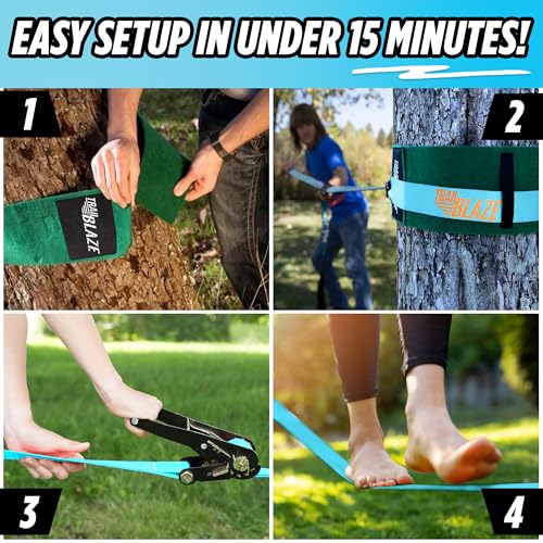Complete Ninja Slackline Kit - 60ft Slack Line for Backyard for Kids & Adults - Wider Tree Protectors Slackline Kit for Ninja Warrior Obstacle Course for Kids Outdoor Playset (Essential Kit - Blue) - color: Blue