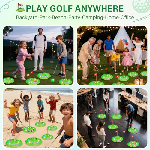 TERRAMUS Light Up Golf Play Set - Upgraded Kids Toy Golf Putting Game Set with 6 LED Targets, 2 Clubs, 6 Balls (2 Glow), Night Golf Toys Gifts for Kids Golfers Family Indoor Outdoor Beach Lawn Park - color: Green