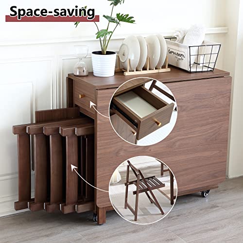 COMUHOME Extendable Drop Leaf Foldable Dining Table with 2 Drawers and 4 Wheels for Living Room Kitchen Farmhouse Space Saving Table in Walnut - color: Walnut